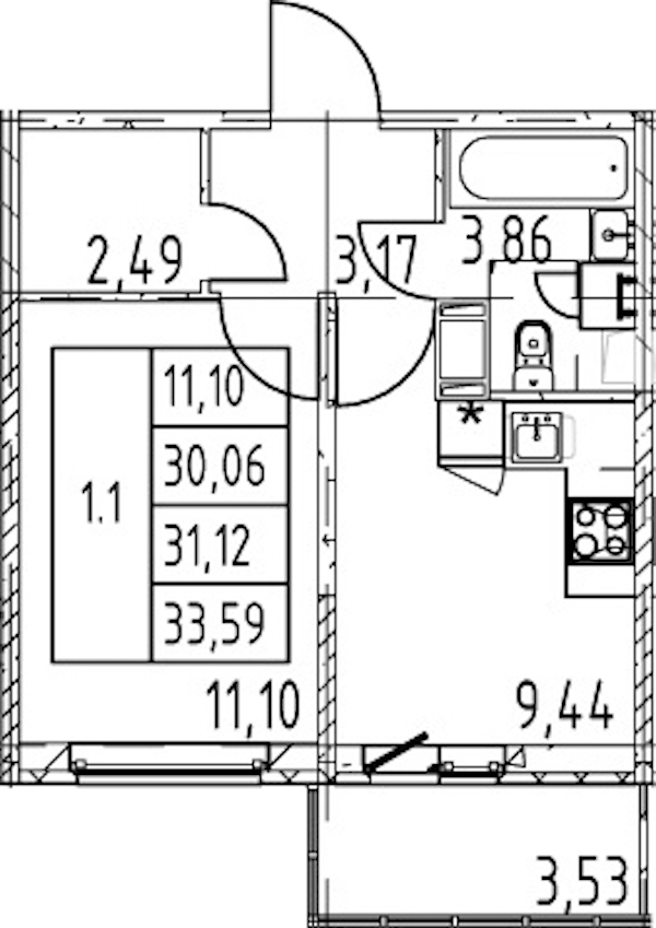 1-комнатная квартира 30.06 м², 8/12 эт., ЖК «Полис ЛАВрики»